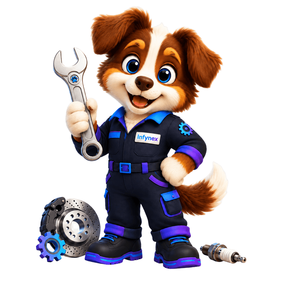 Mascote da Infynex vestido como mecânico automotivo