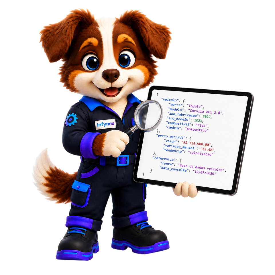 Mascote da Infynex analisando informações automotivas